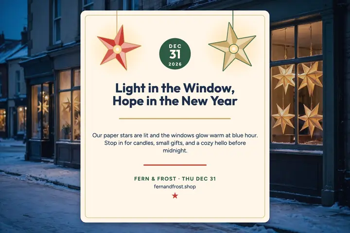 Fern and Frost lit window New Year postcard: new year postcard template
