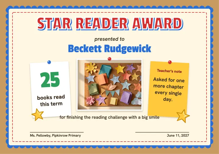 Pipkinrow Star Reader award certificate template