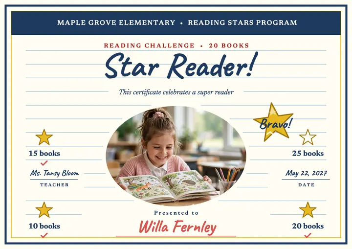 Star reader certificate reading chart template