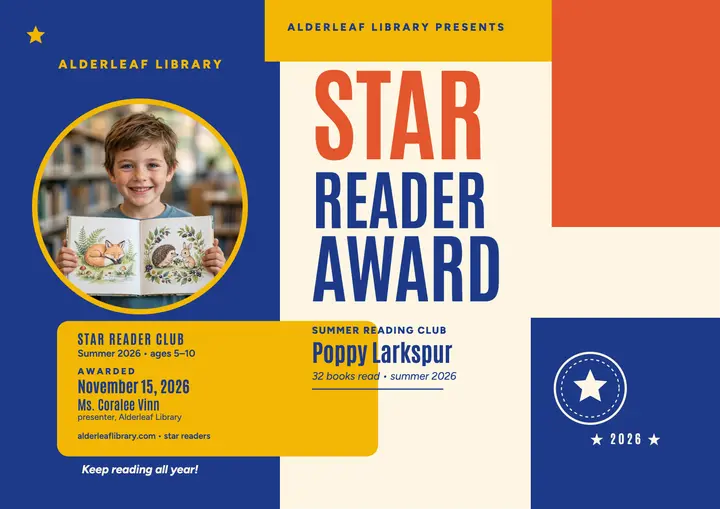 Star Reader kids certificate, Alderleaf Library template