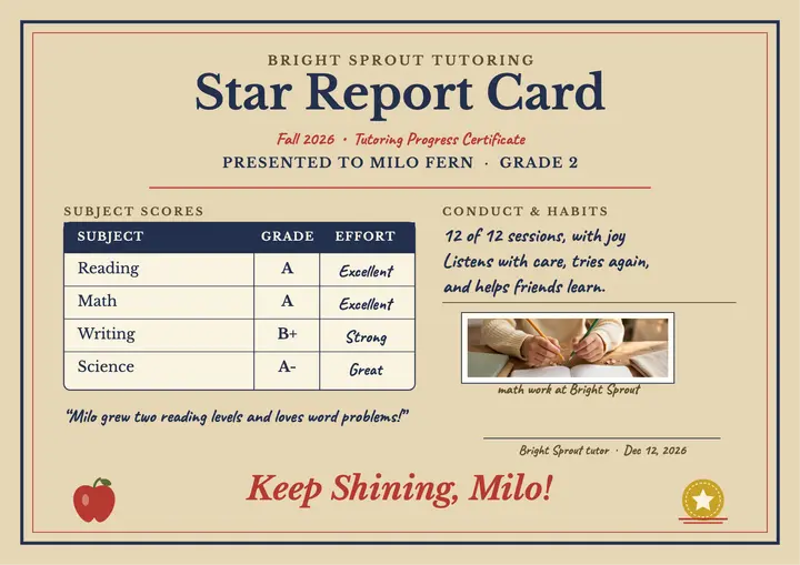 Bright Sprout star report card: report card certificate template