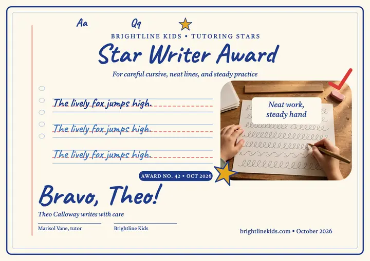 Star Writer tutoring certificate, Theo: tutoring star certificate template