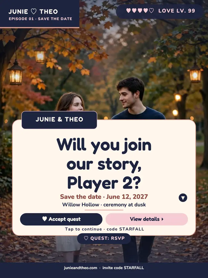 Junie and Theo visual novel save the date template
