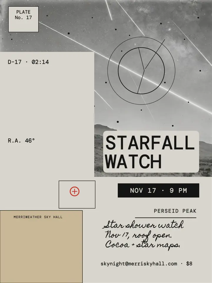 Starfall Watch meteor night, glass plate: meteor shower viewing night template