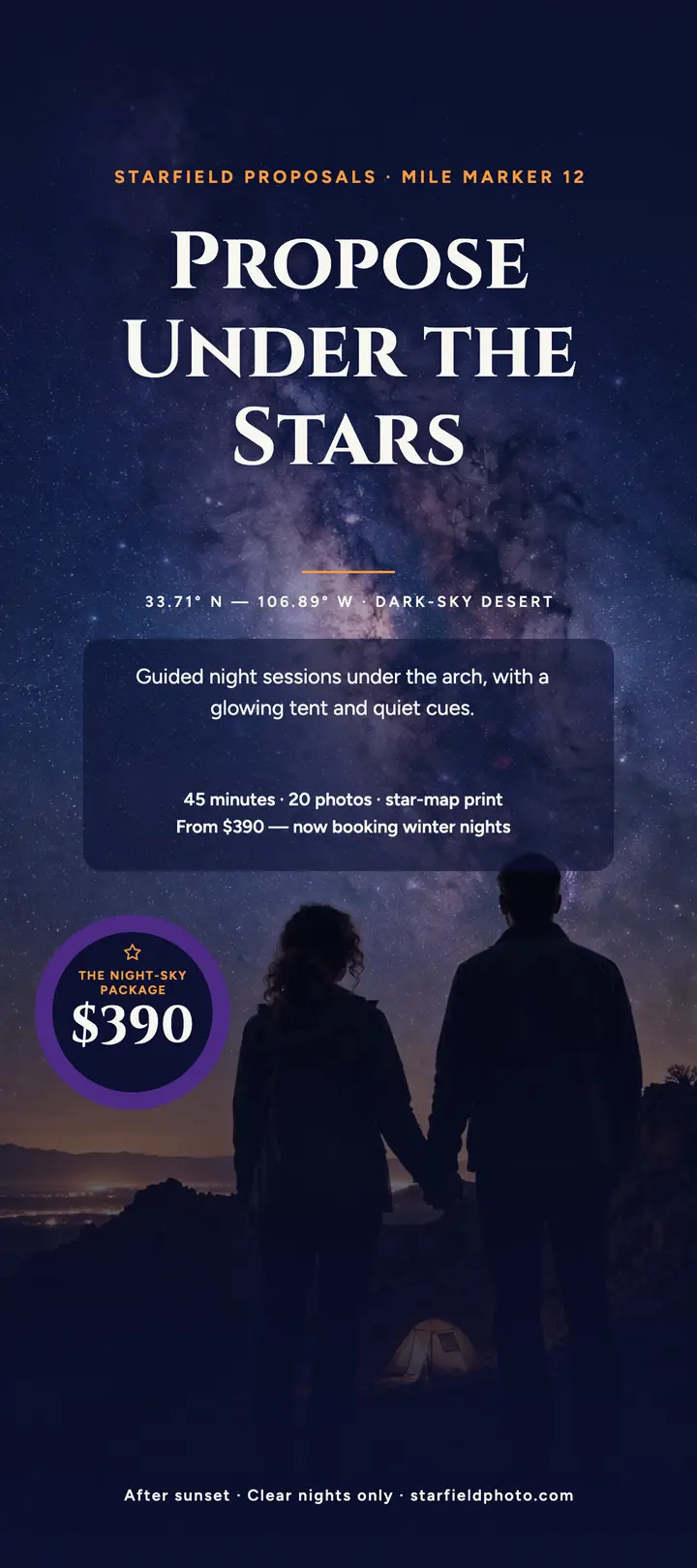 Starfield Proposals night-sky rack card: proposal photography rack card template