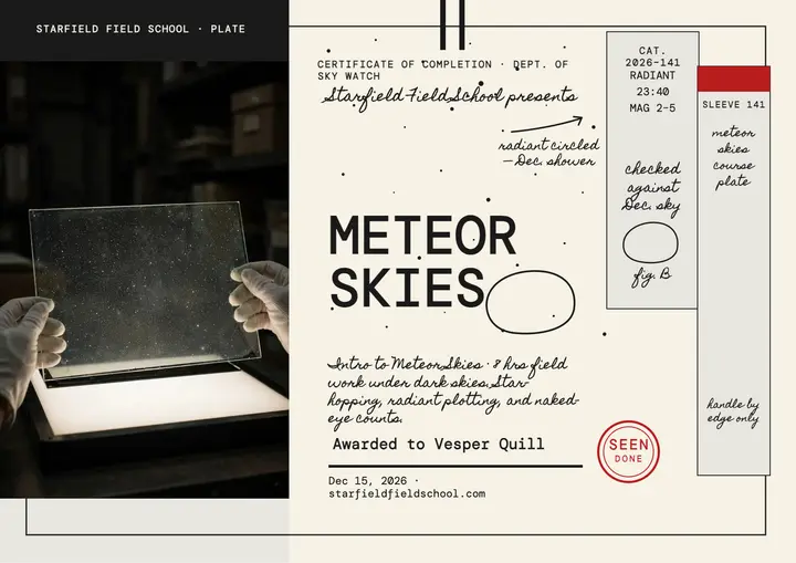 Meteor skies stargazing course certificate template