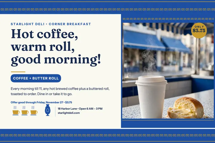 Starlight Deli breakfast deal postcard template