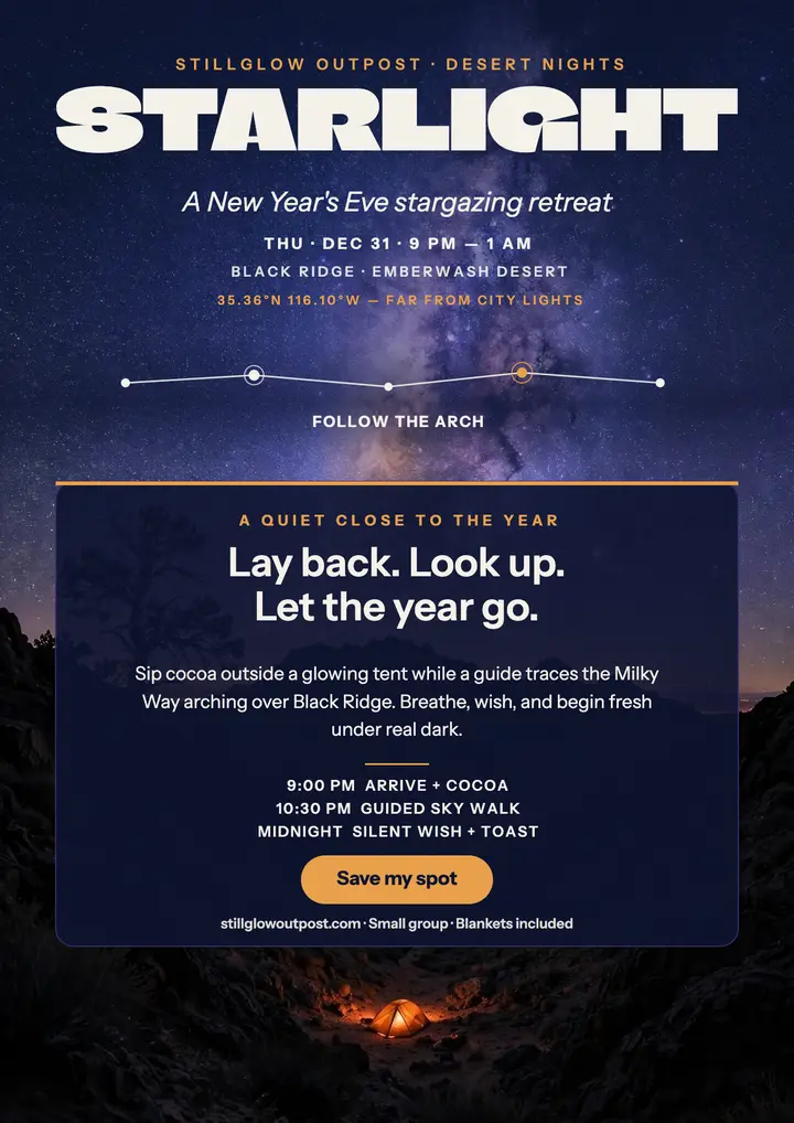 Stillglow starlight retreat flyer: stargazing retreat flyer template