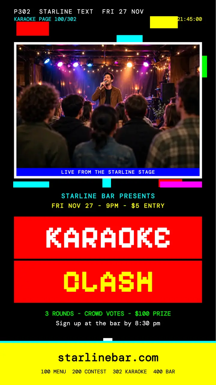 Starline Bar karaoke clash teletext story: karaoke contest story template