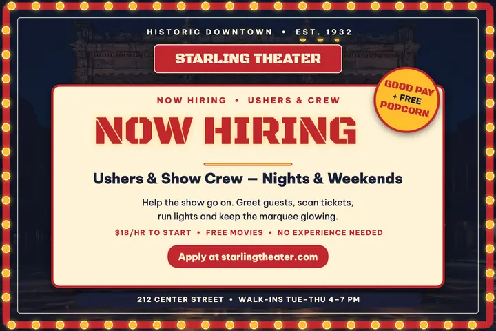 Starling Theater crew hiring postcard template