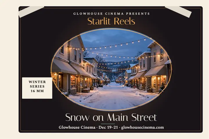 Starlit Reels holiday postcard, Glowhouse Cinema: holiday cinema postcard template