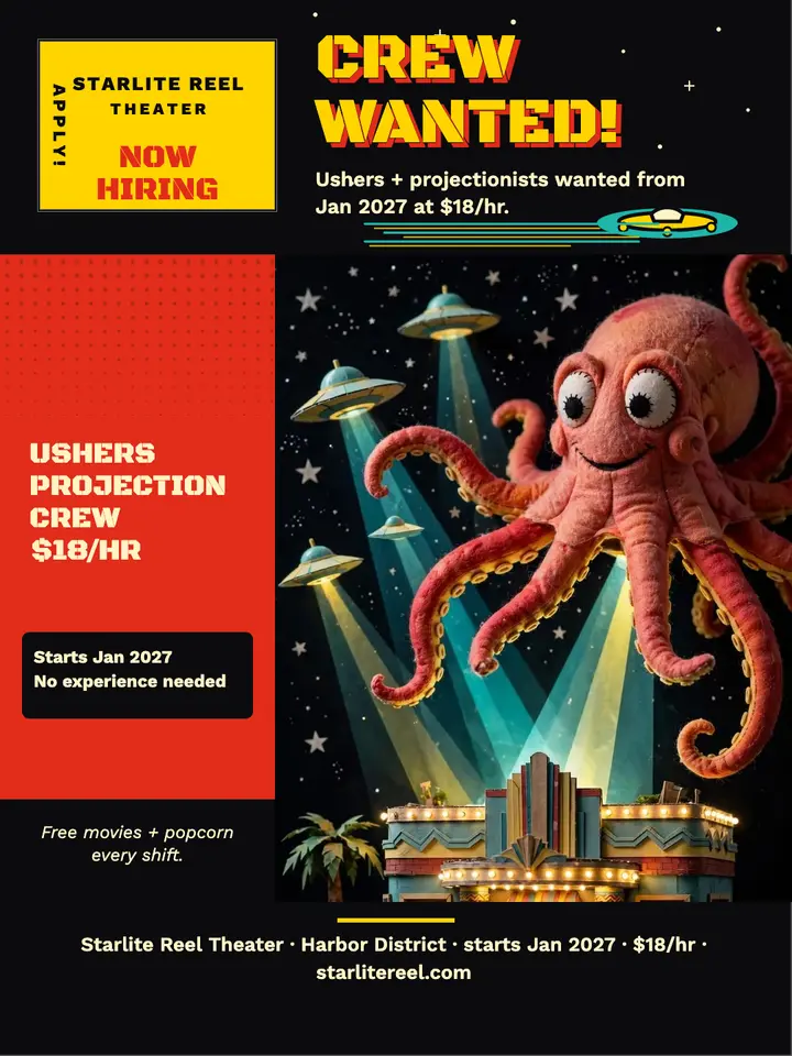 Starlite Reel crew hiring creature poster template