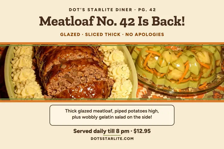 Dot's Starlite meatloaf retro postcard template