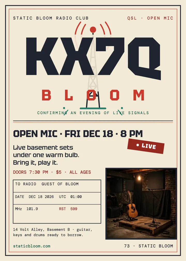 Static Bloom open mic QSL invitation template