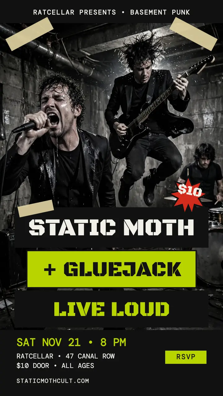 Static Moth basement gig story: punk gig story template