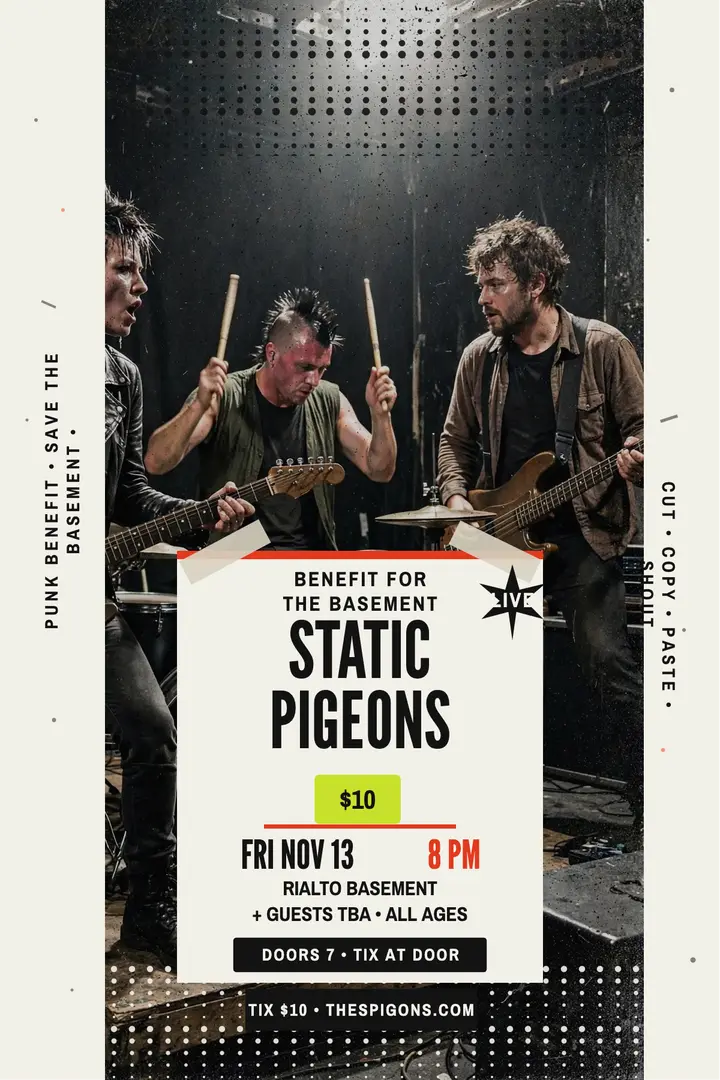 Static Pigeons basement benefit poster template
