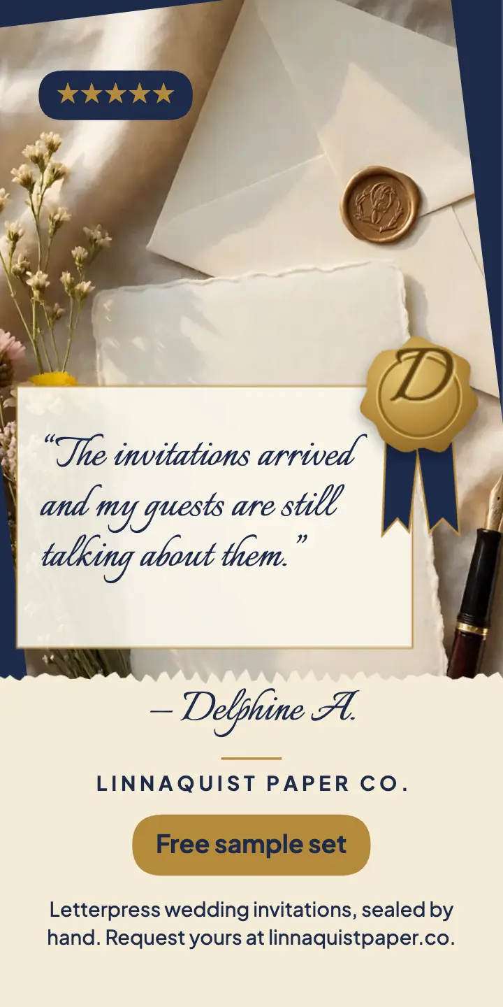 Linnaquist Paper Co. wedding invitation review, wax seal ad: wedding stationery review ad template