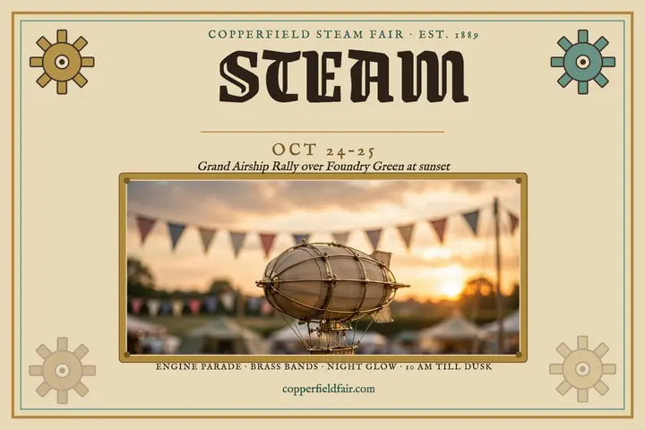 Copperfield Steam Fair airship postcard: steam fair postcard template