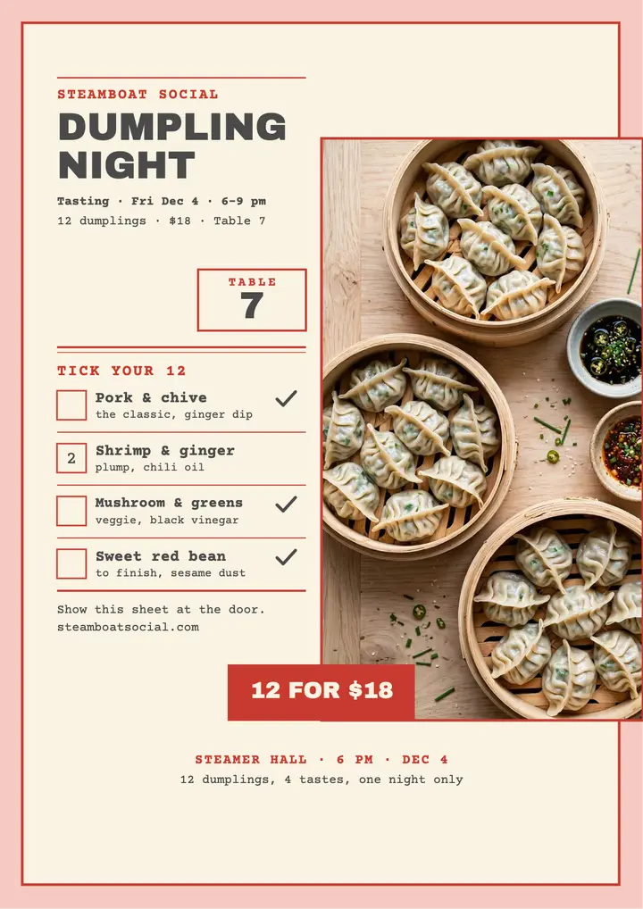 Steamboat Social dumpling night order flyer template