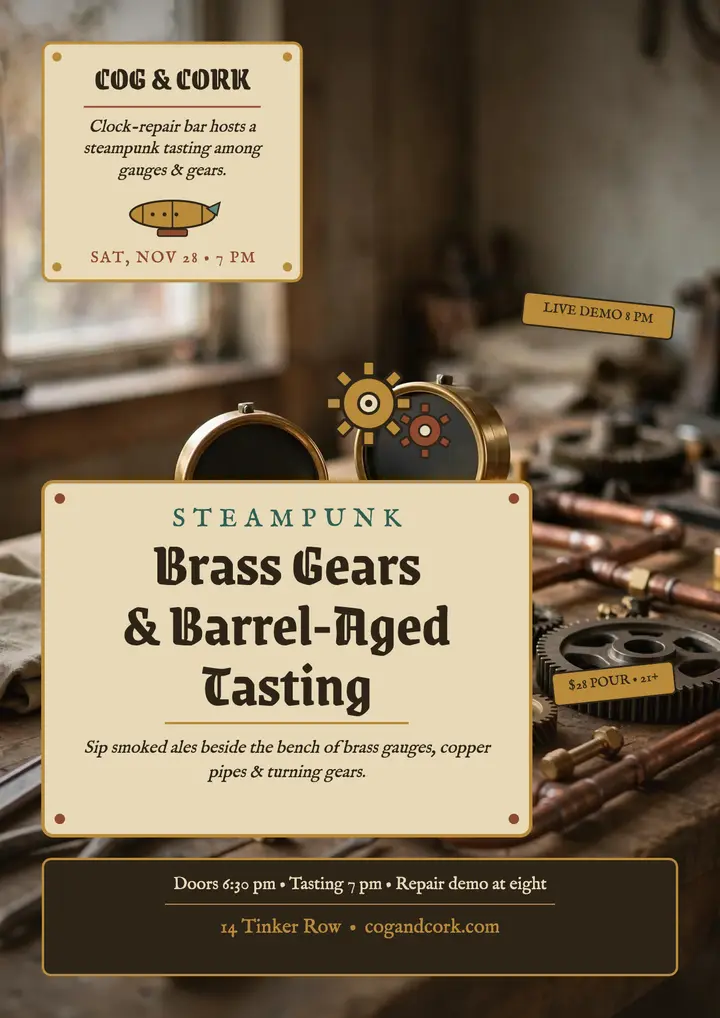 Cog and Cork steampunk tasting flyer template