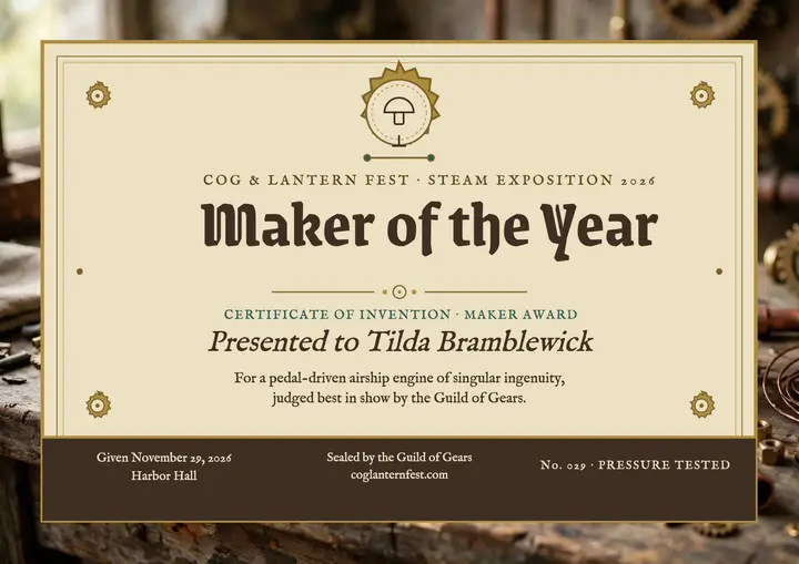 Cog and Lantern Fest maker award certificate: maker award certificate template