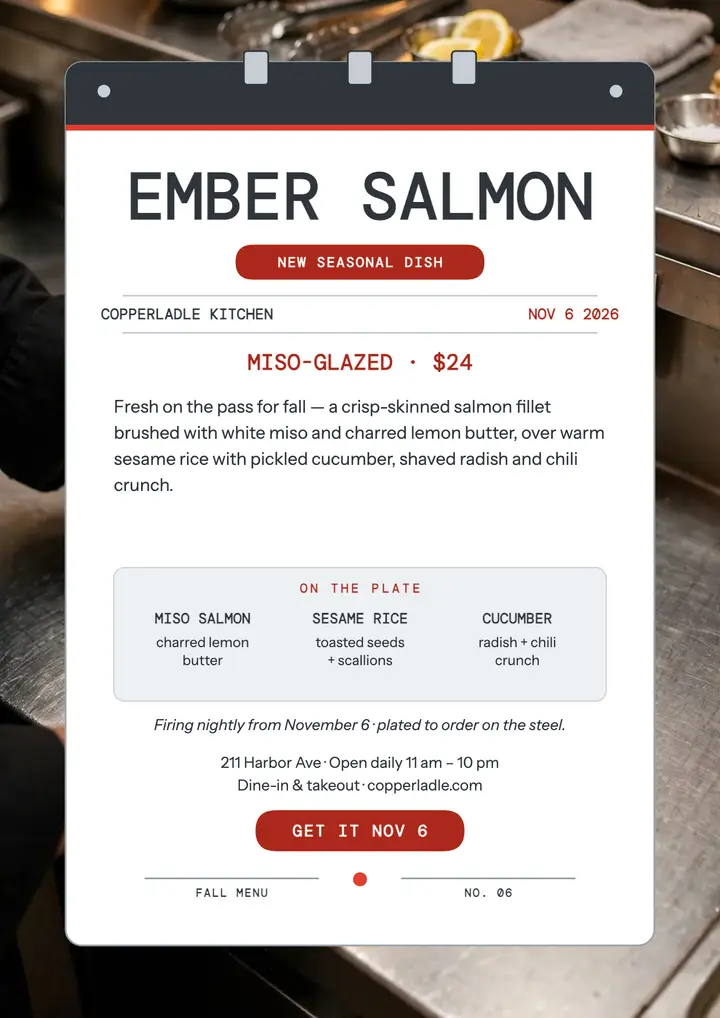 Copperladle Kitchen ember salmon flyer template