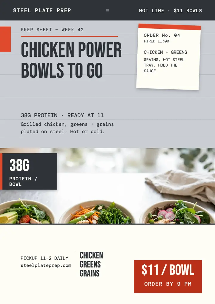 Steel Plate Prep chicken power bowls flyer template