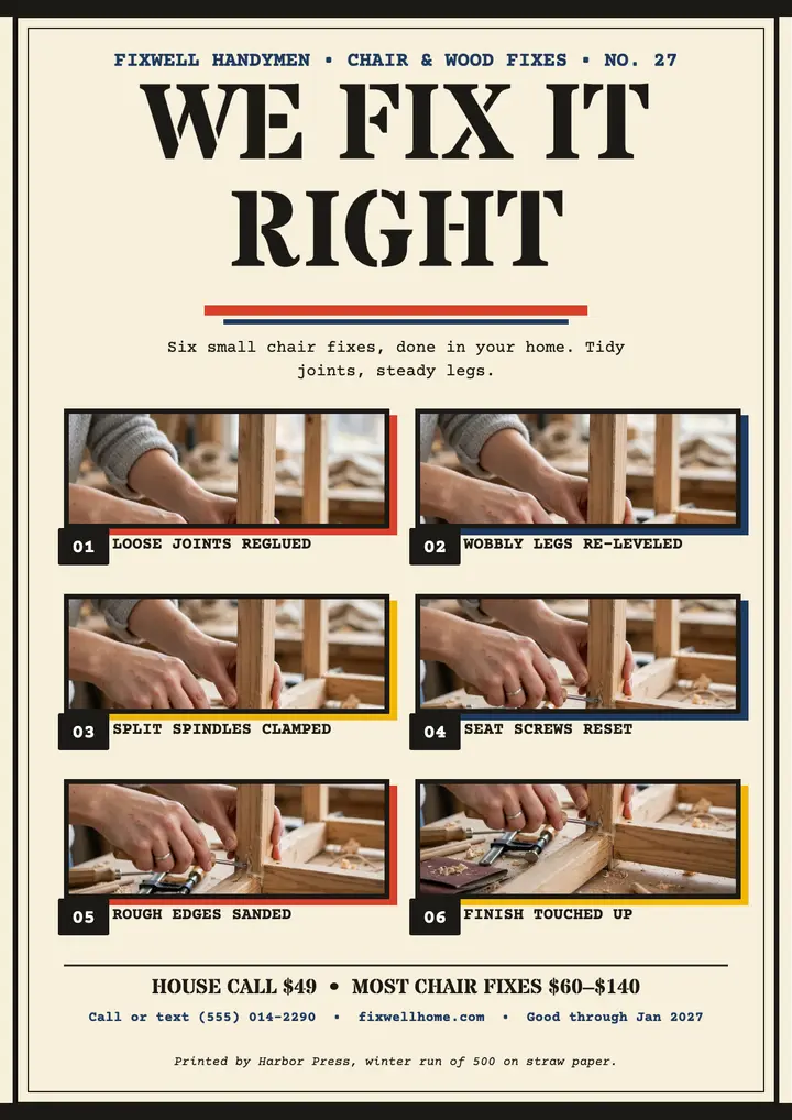 Fixwell chair repair menu flyer template
