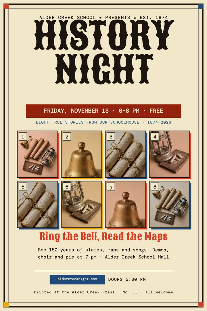 Alder Creek history night stenciled poster template