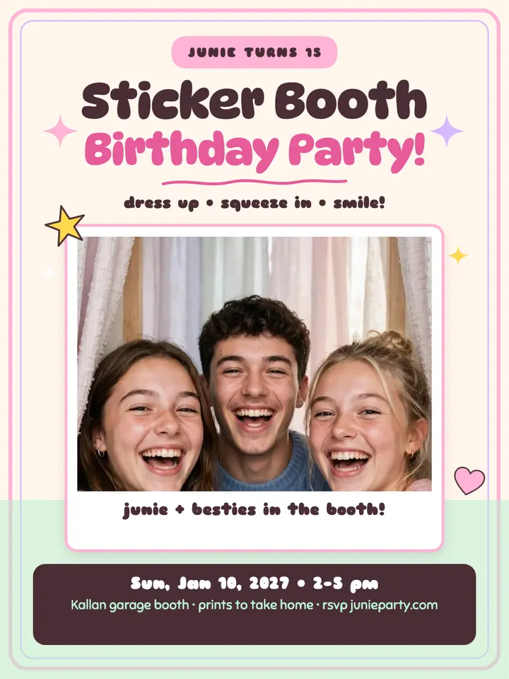 Junie sticker booth birthday invite template