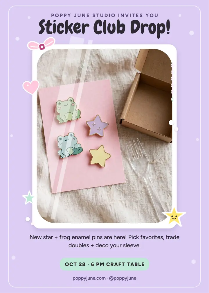 Sticker Club merch drop photocard invite template