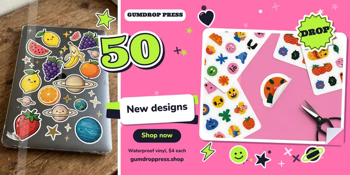 Gumdrop Press 50 new sticker designs, sticker bomb post template