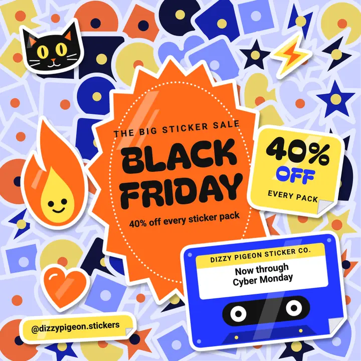 Dizzy Pigeon Sticker Co. Black Friday sale post template