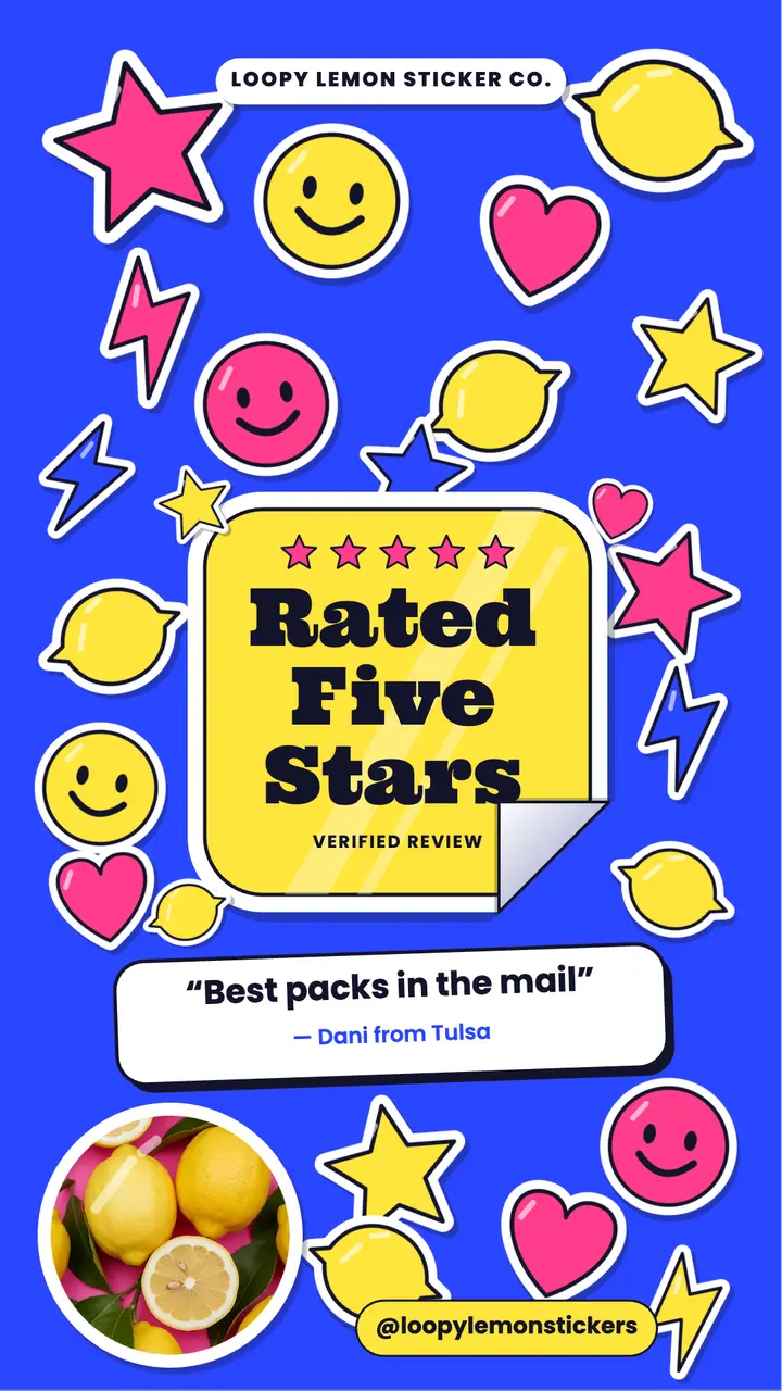 Loopy Lemon Sticker Co. five-star review story: customer review story template