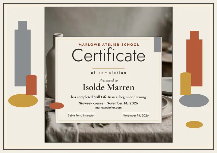 Still life basics certificate, Marlowe Atelier template