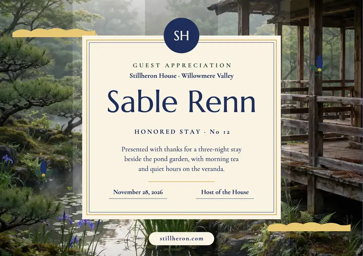 Stillheron House honored stay certificate template
