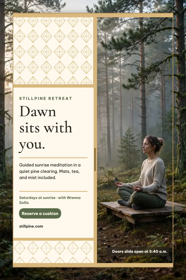 Stillpine dawn meditation poster: meditation retreat poster template