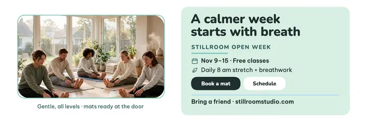 Stillroom open week header, breathwork studio template