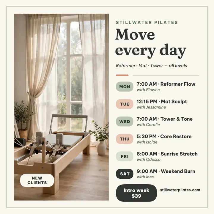 Stillwater Pilates weekly timetable template