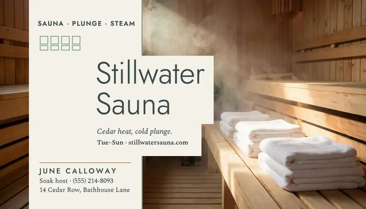 Stillwater Sauna cedar business card: sauna business card template