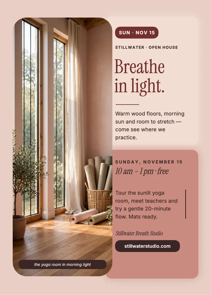 Stillwater open house invitation, wellness studio template