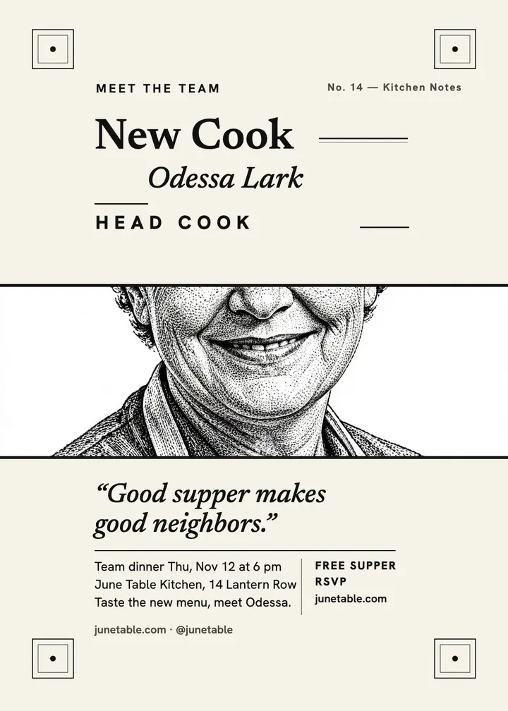 June Table team dinner invite, new head cook template