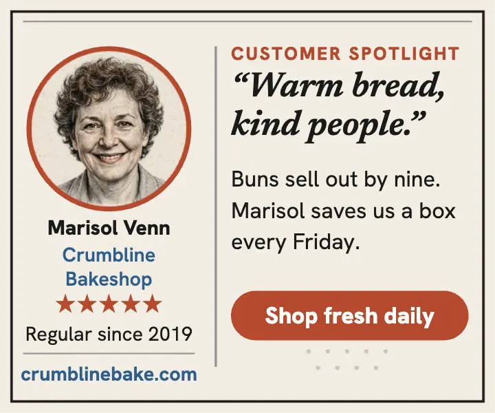 Crumbline Bakeshop spotlight review ad template