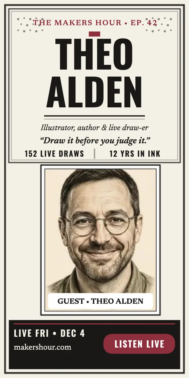 Theo Alden speaker card, Makers Hour template