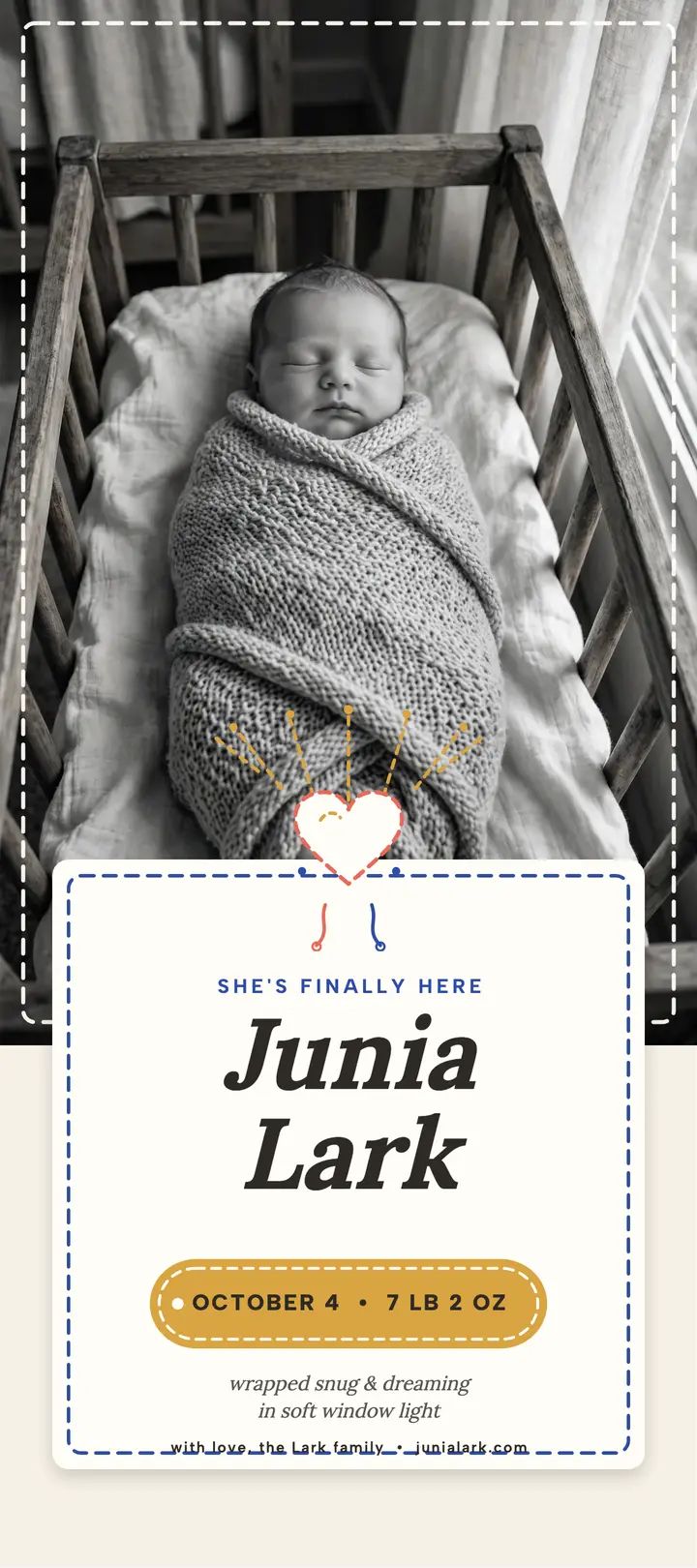 Stitched baby girl announcement for Junia Lark template