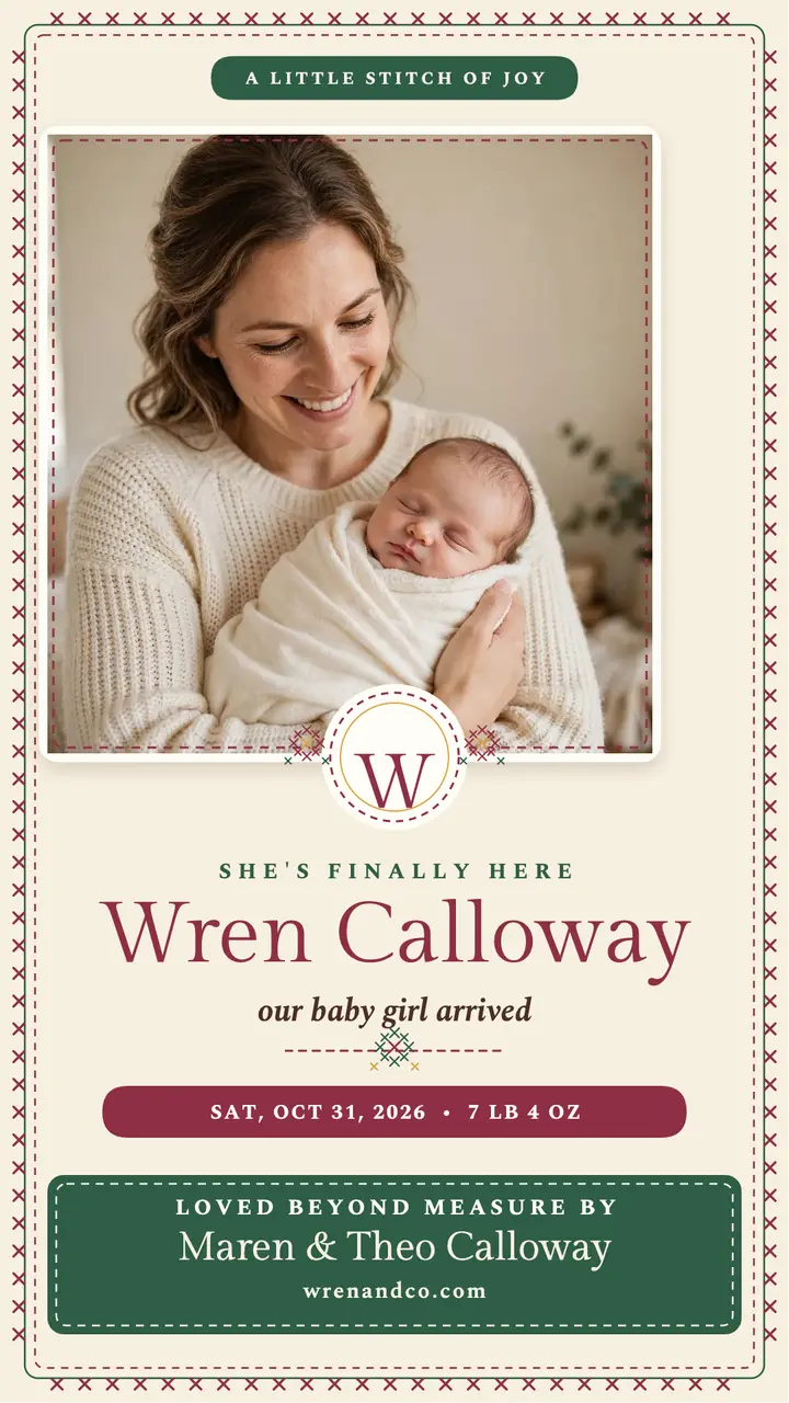 Wren stitched baby arrival story template