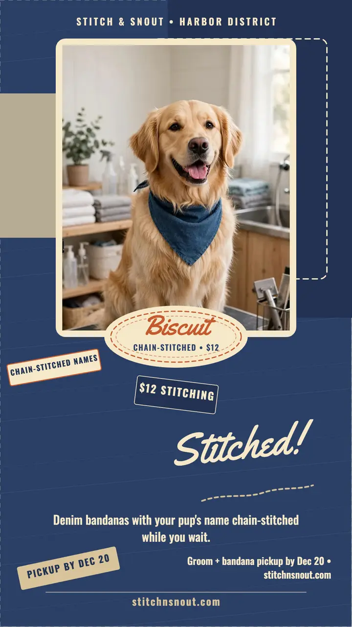 Stitched bandana pup story, groomer template