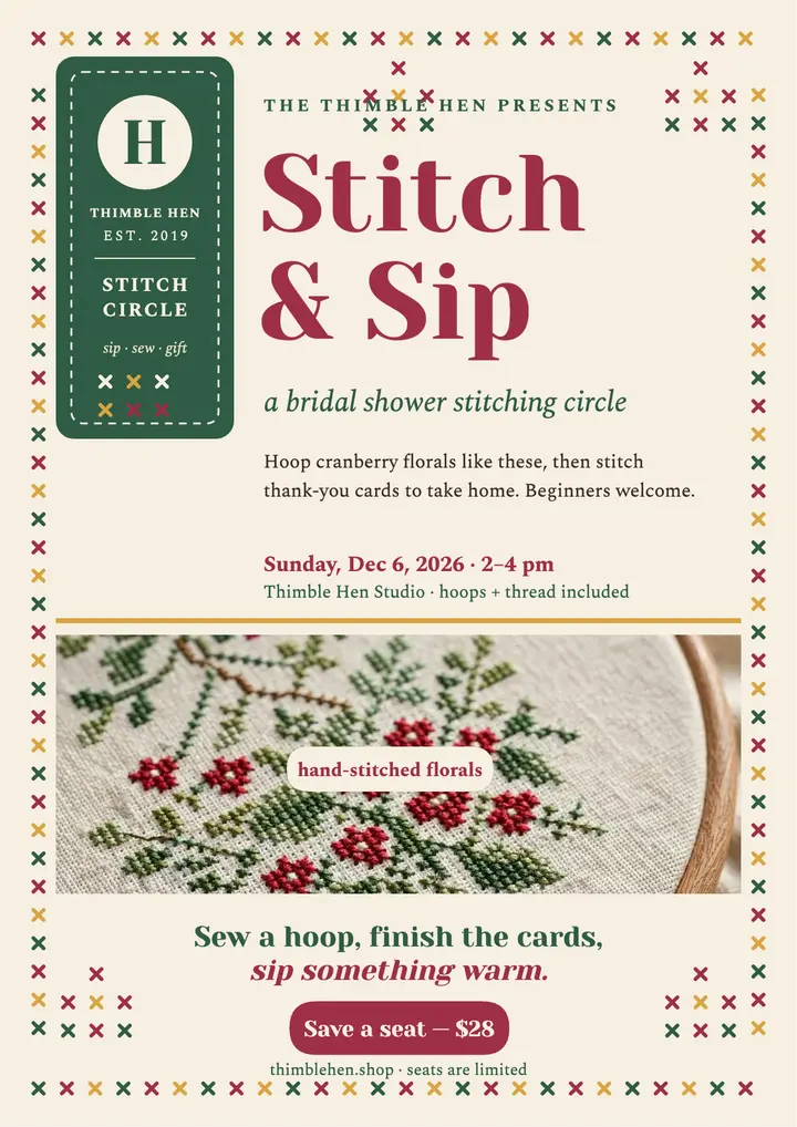 Stitched bridal shower flyer, cross-stitch template