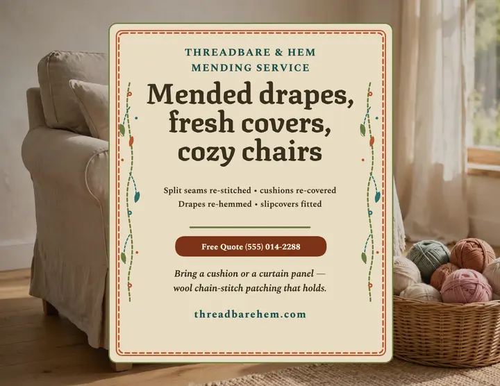 Stitched chair mending flyer, Threadbare and Hem template