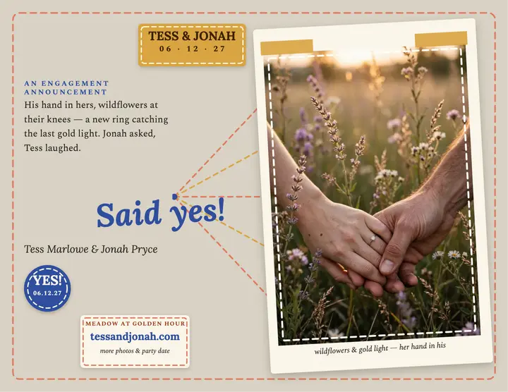 Stitched Tess and Jonah engagement flyer: engagement announcement flyer template